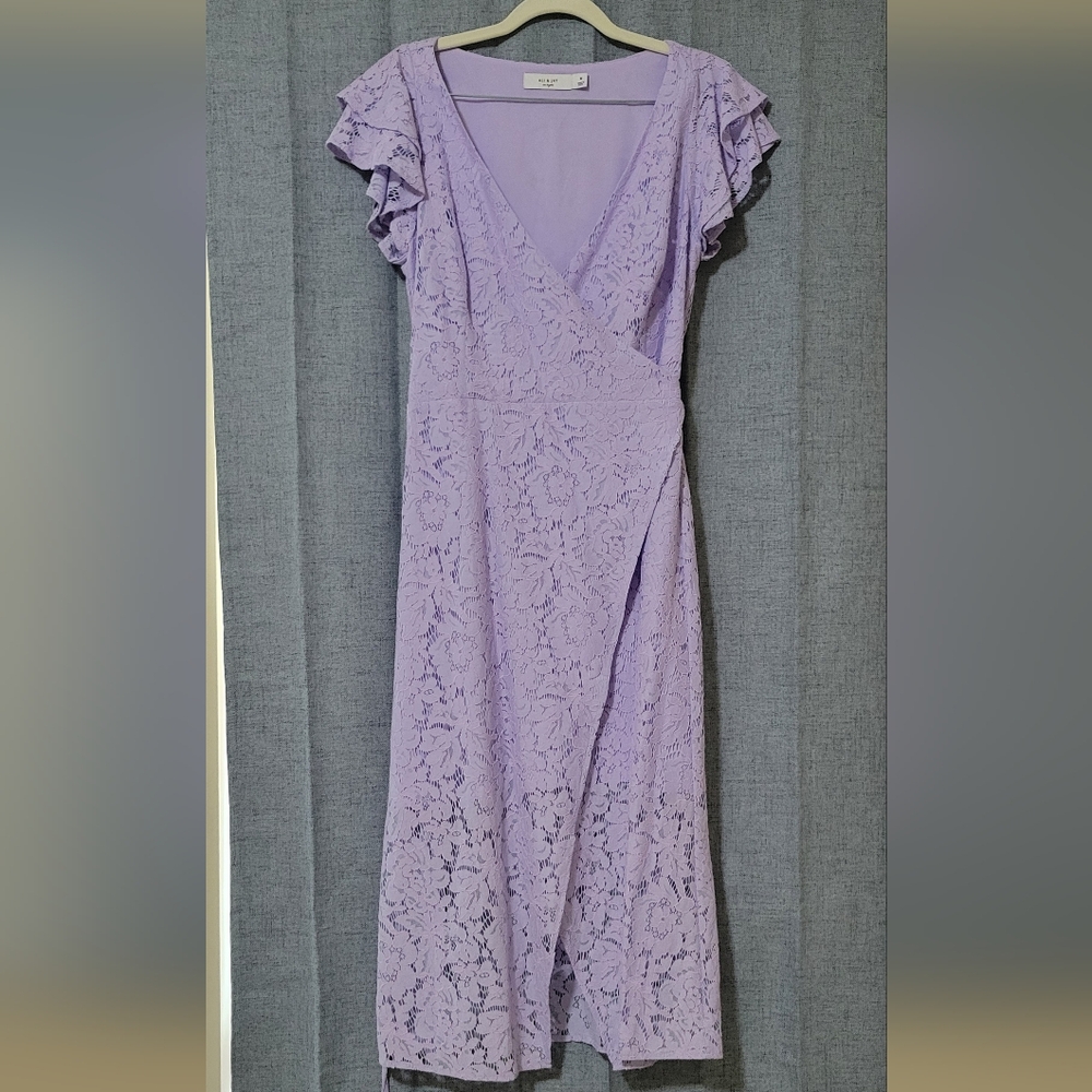 Lavender Lace Wrap Midi Dress with Ruffle Sleeves